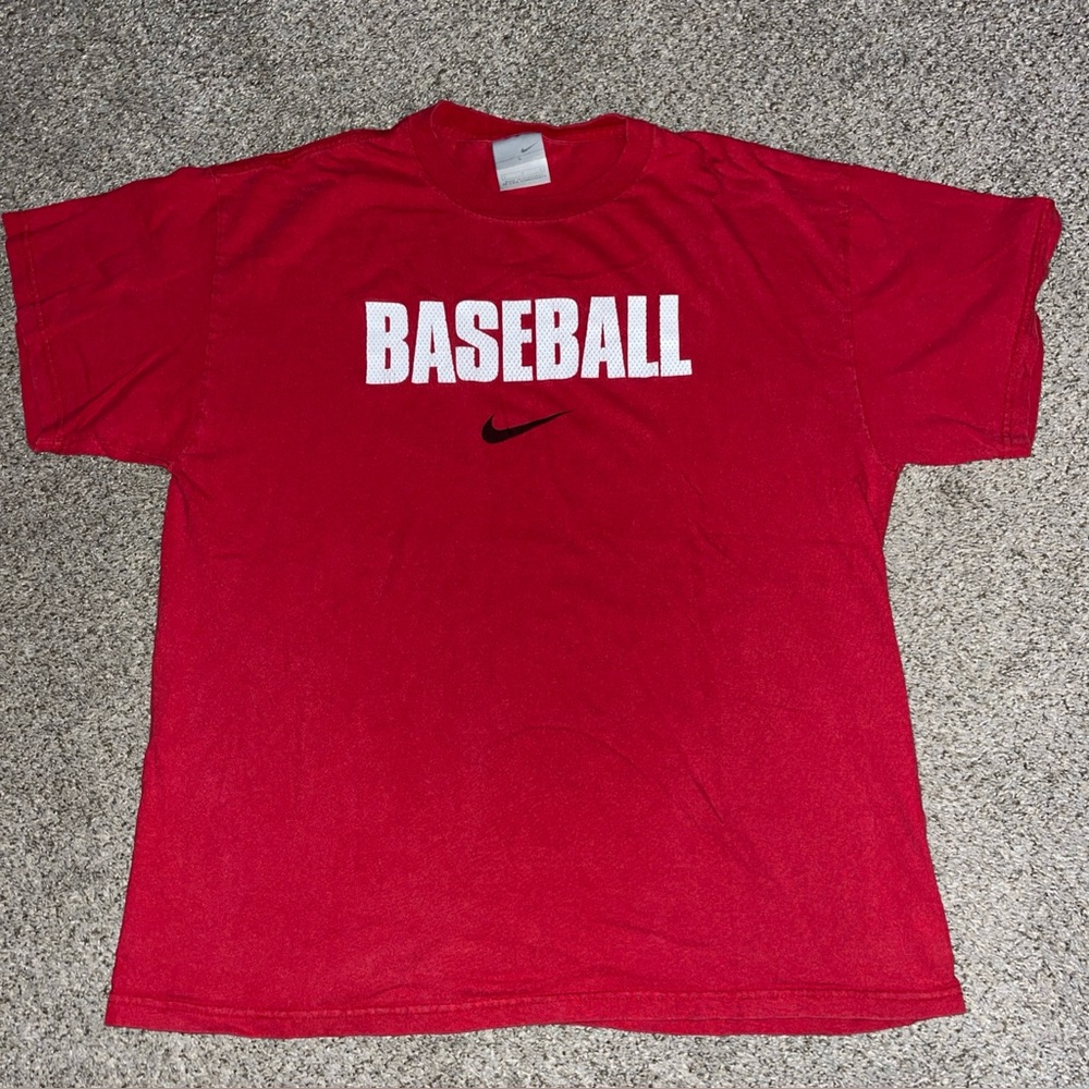 Vintage Nike Baseball Center Swoosh T Shirt Red White Y2K Size Large